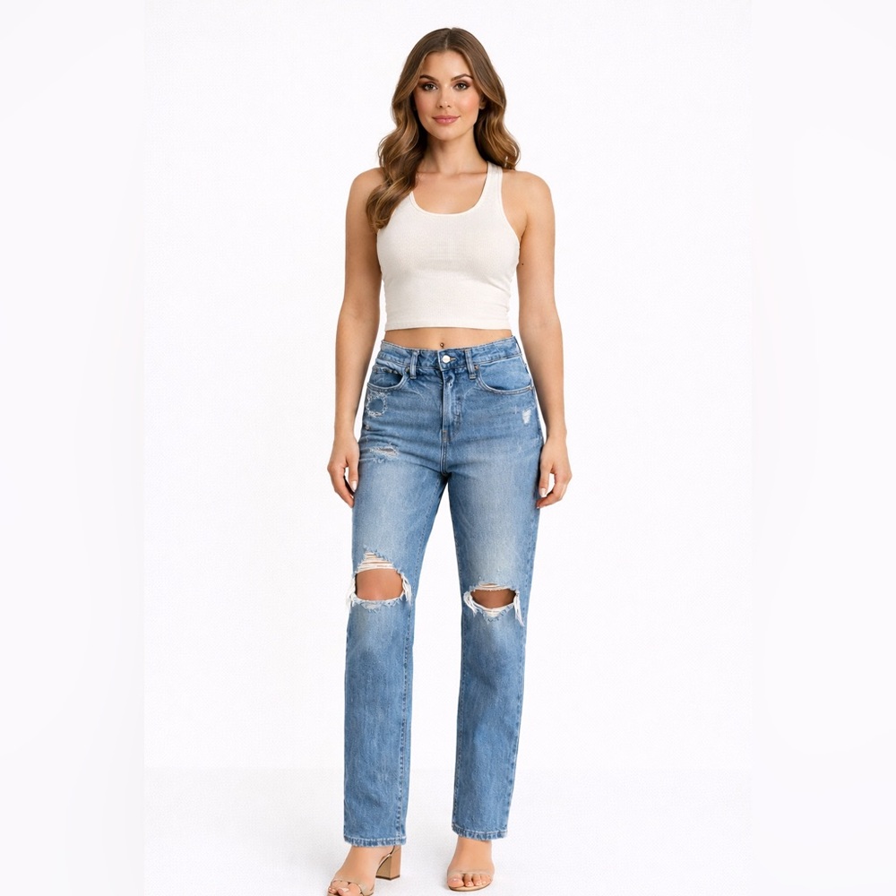 Classic Blue Distressed  High Rise O. G Straight Jeans